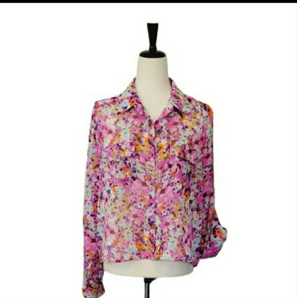 Passport Pink Floral Roll Tab Sleeve High-Low Button Down Sheer Blouse Size XL